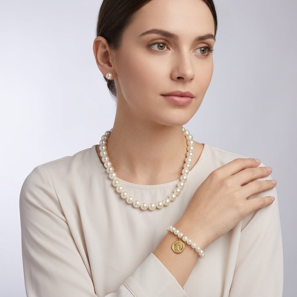 White Plastic Pearl Necklace And Bracelet Jewellery Set For Women