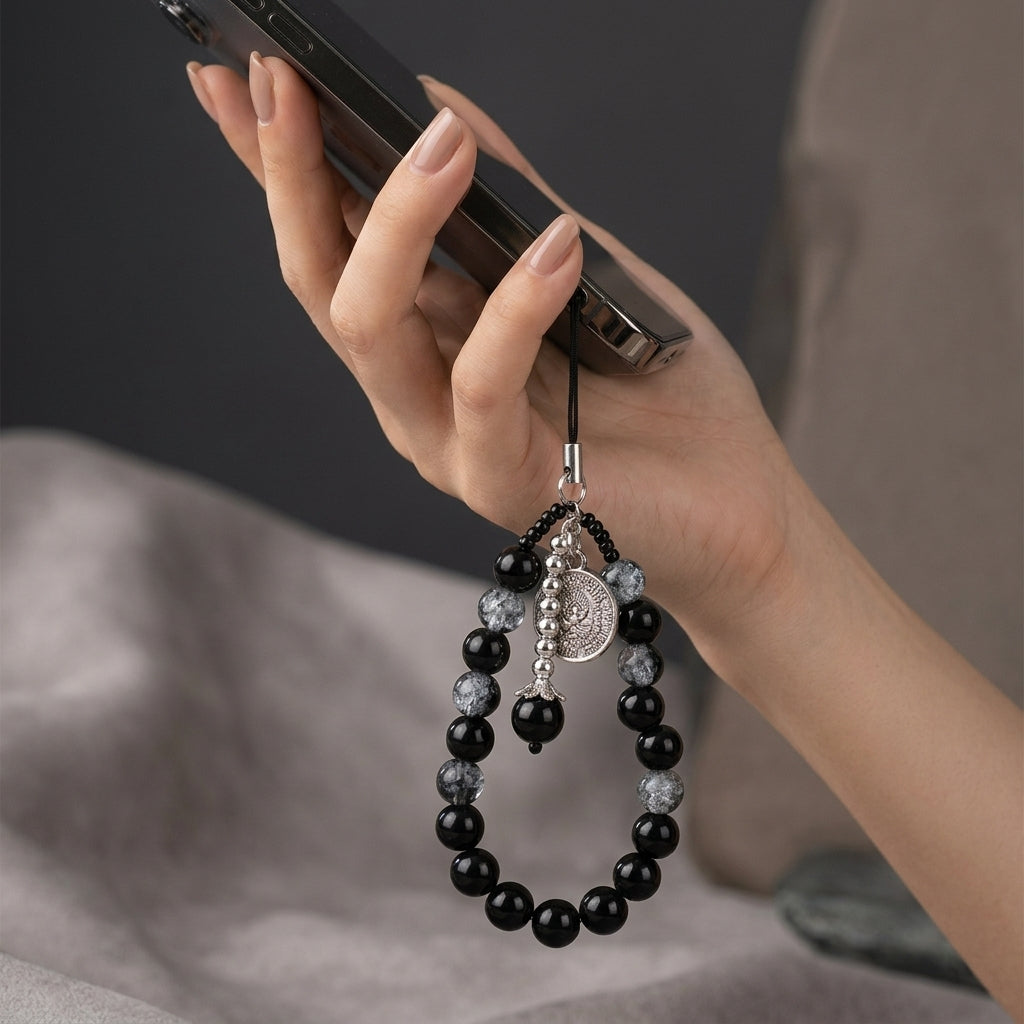 Black Glass Bead Coin Charm Mobile Strap For Women