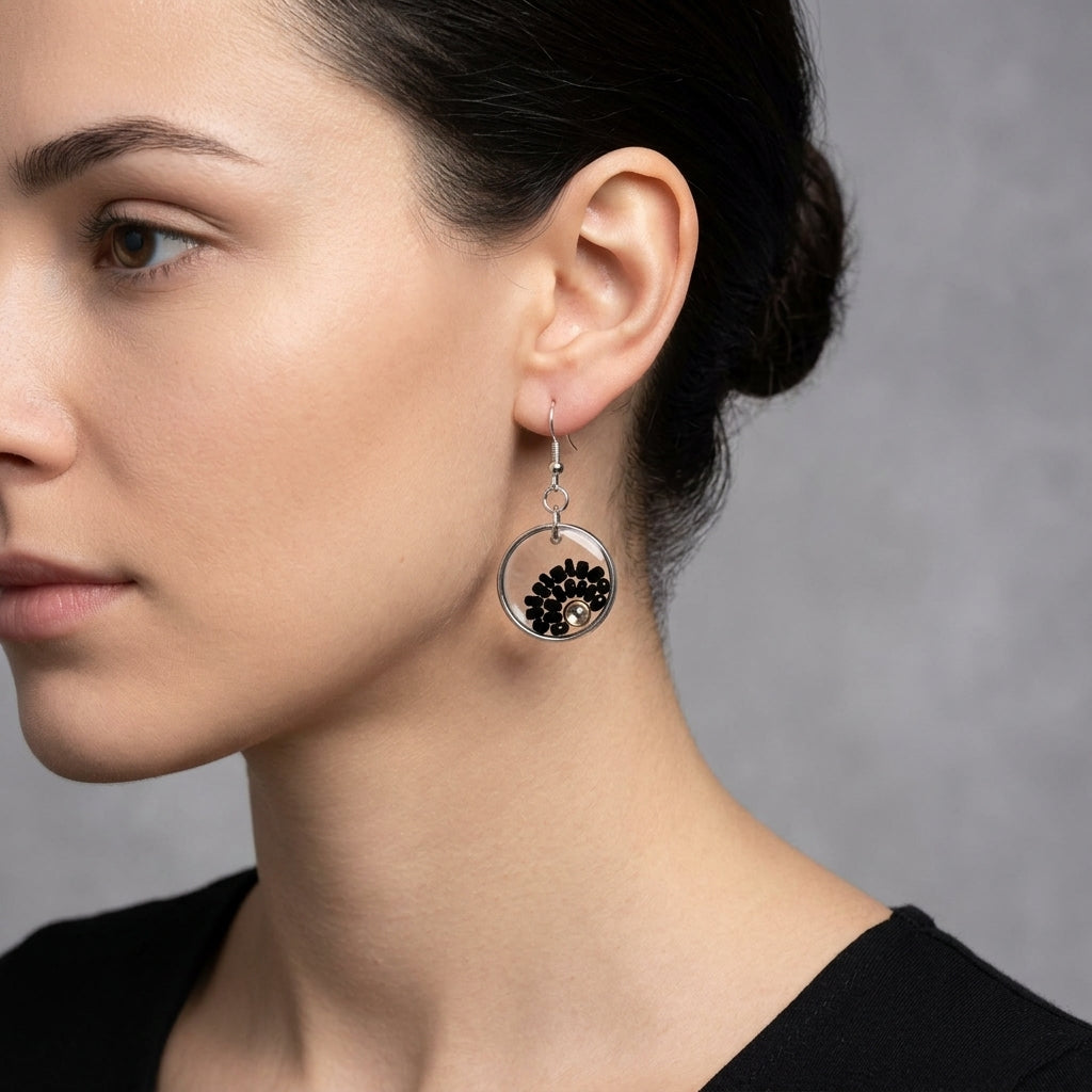 Black Resin Alloy Glass Bead Circle Drop Earrings For Women