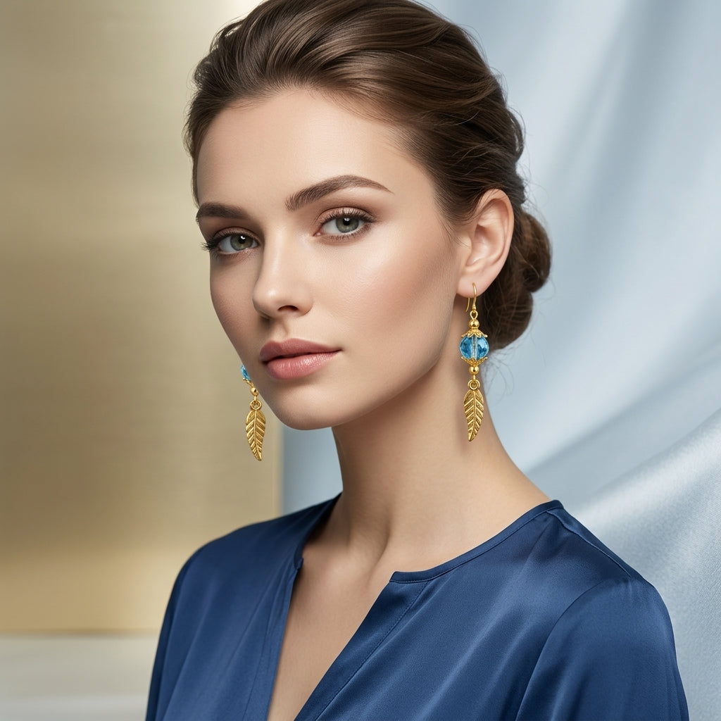Blue And Golden Alloy Crystal Feather Drop Earrings For Women