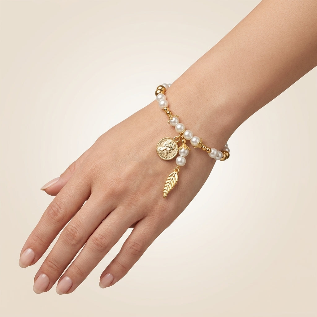 Golden And White Plastic Pearl Coin Charm Bracelet For Women
