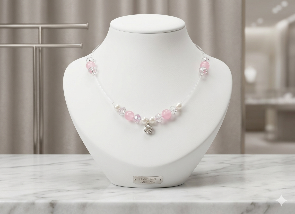 Pink And White Rose Quartz Crystal Beaded Invisible Necklace For Women