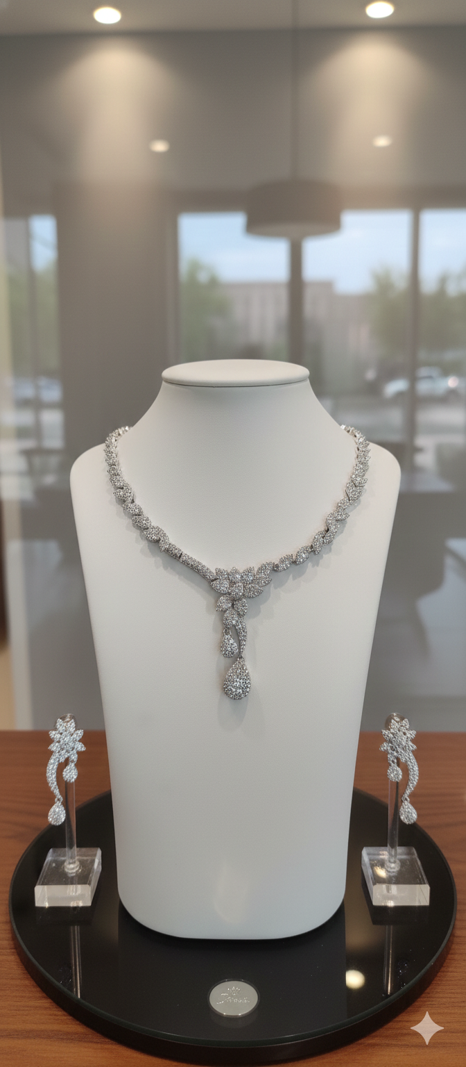 Silver plated white American daimond princess necklace set