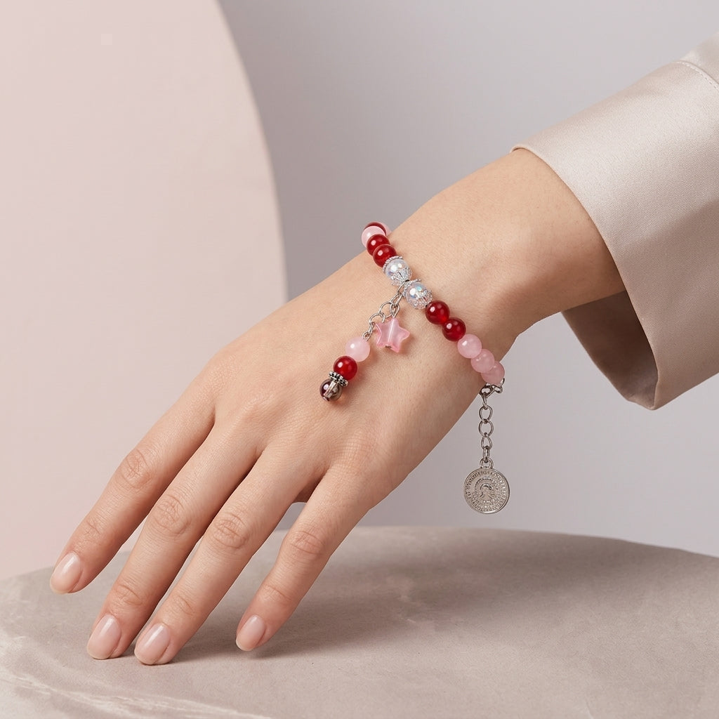 Pink And Red Rose Quartz Glass Beaded Butterfly Charm Bracelet For Women