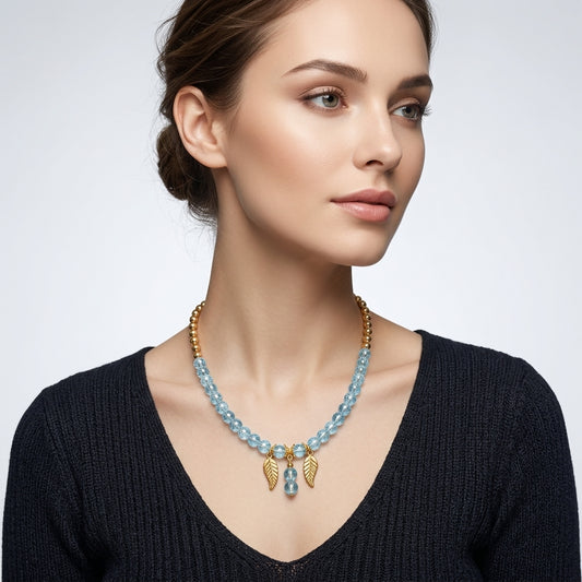 Blue And Golden Alloy Crystal Bead Leaf Pendant Necklace For Women