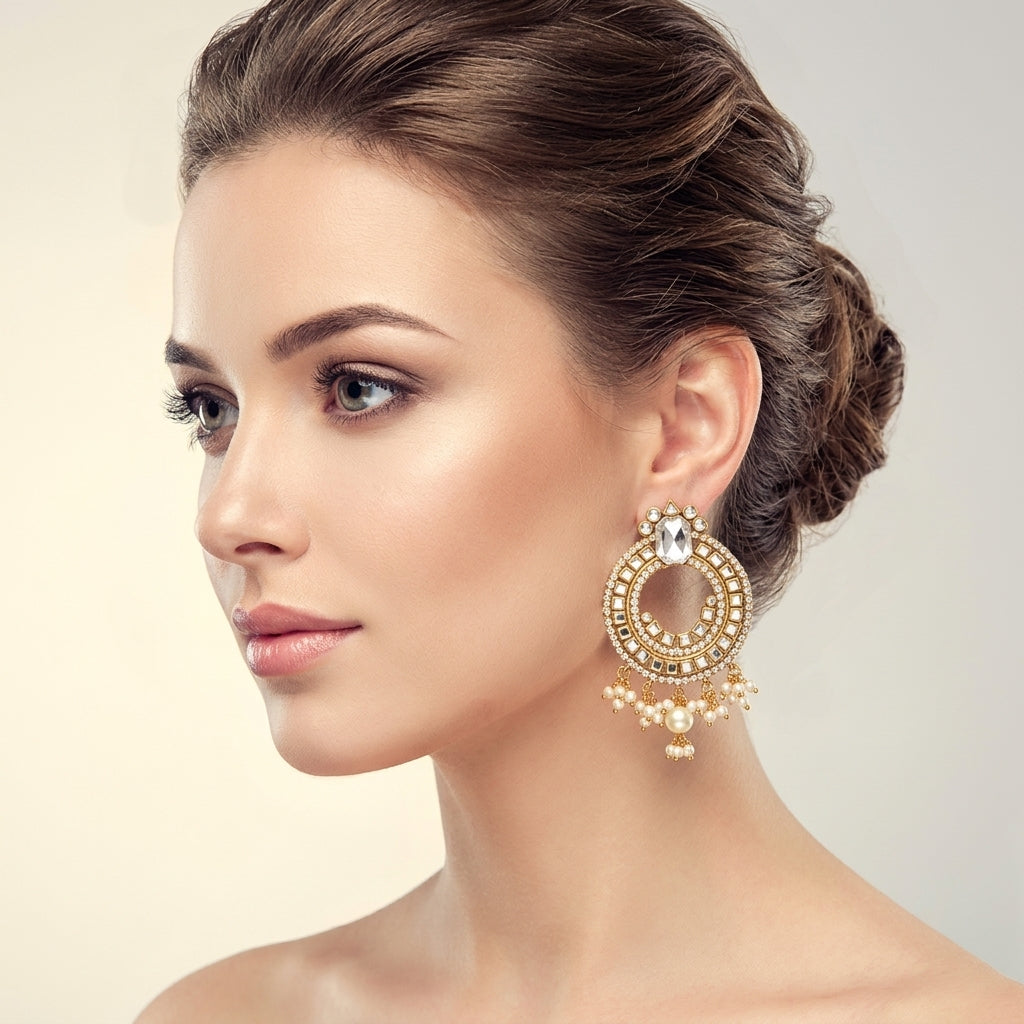 Golden Kundan Cubic Zirconia Pearl Kundan Earrings For Women