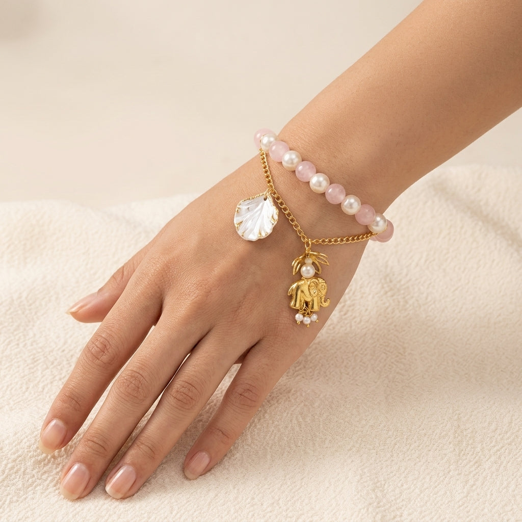 Pink And Gold Rose Quartz Bead Elephant Charm Bracelet For Women