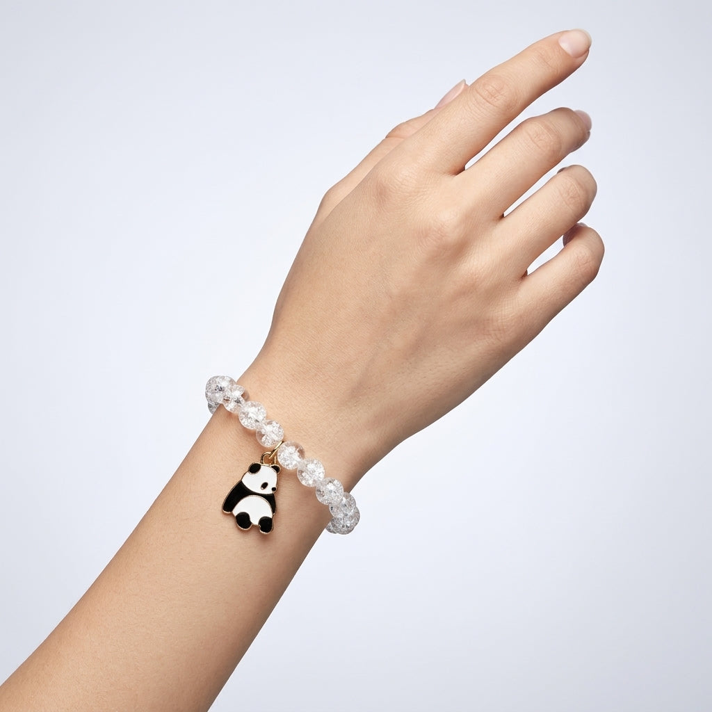 White Crystal Bead Panda Charm Bracelet For Women
