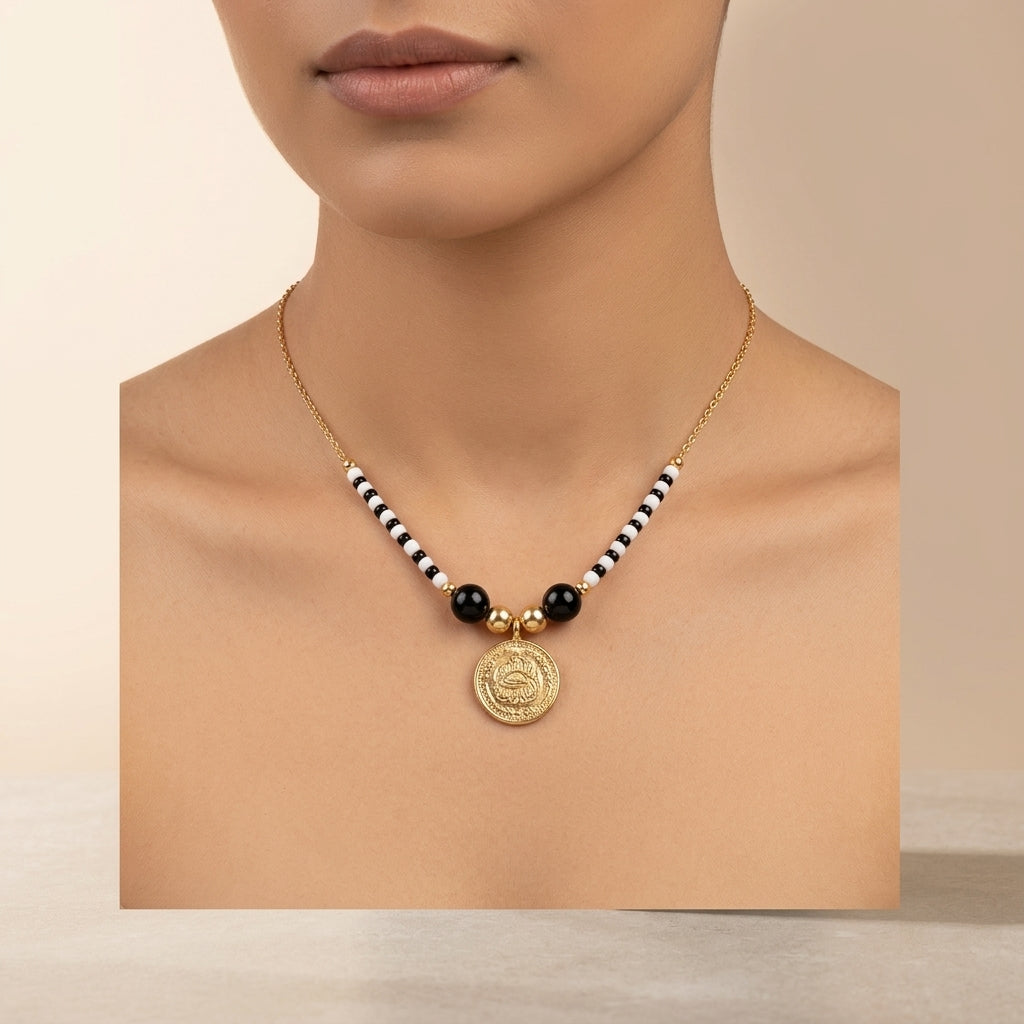 Multicolor Alloy Glass Bead Coin Pendant Invisible Necklace For Women