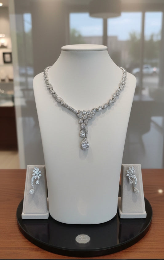 Silver plated white American daimond princess necklace set