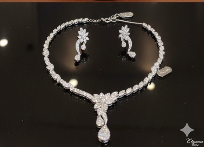 Silver plated white American daimond princess necklace set