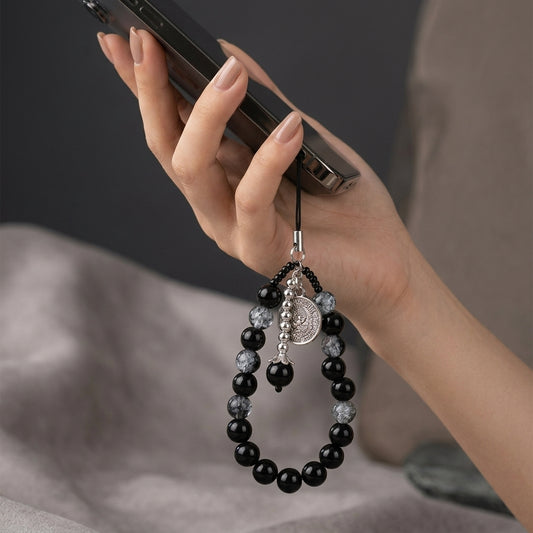 Black Glass Bead Coin Charm Mobile Strap For Women