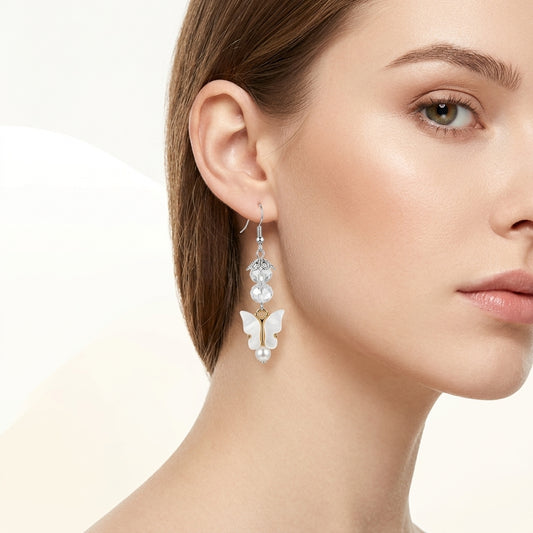 White Crystal Bead Butterfly Charm Pearl Drop Earrings For Women
