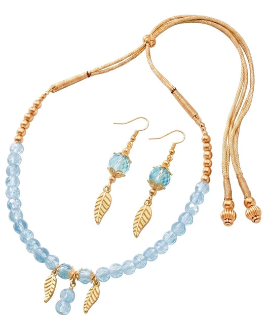 Blue And Golden Crystal Glass Bead Leaf Charm Necklace With Hoop Earrings For Women