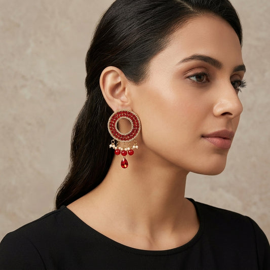 Red Artificial Stone Bead Gold Plated Pearl Drop Earrings For Women