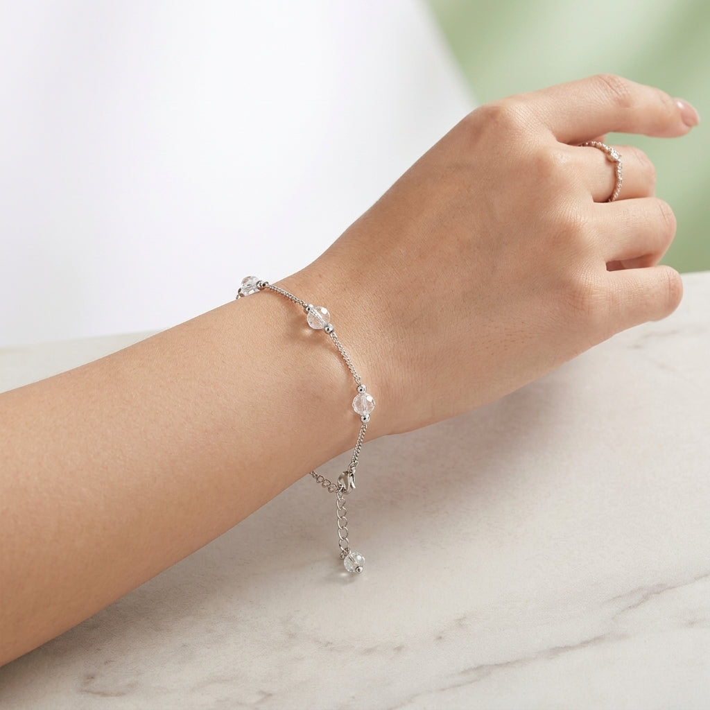 Silver And White Alloy Steel Crystal Bead Charm Bracelet For Women