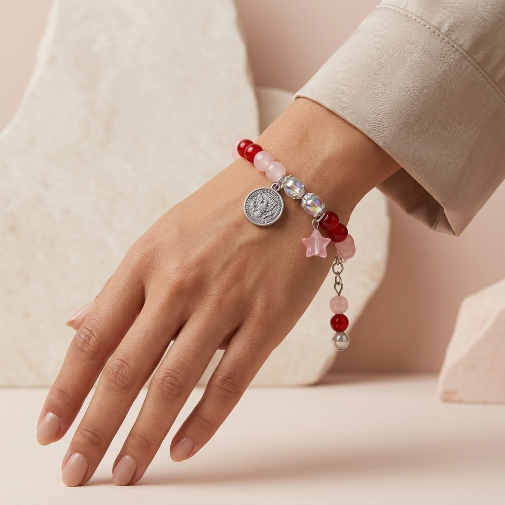 Red And Pink Rose Quartz Glass Beaded Charm Bracelet For Women