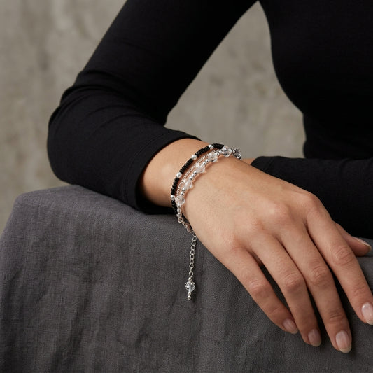 Black Silver Alloy Steel Crystal Glass Bead Double Layered Bracelet Set For Women