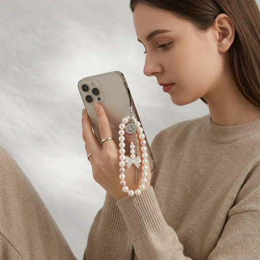 White Plastic Pearl Bow and Coin Mobile Charm For Women