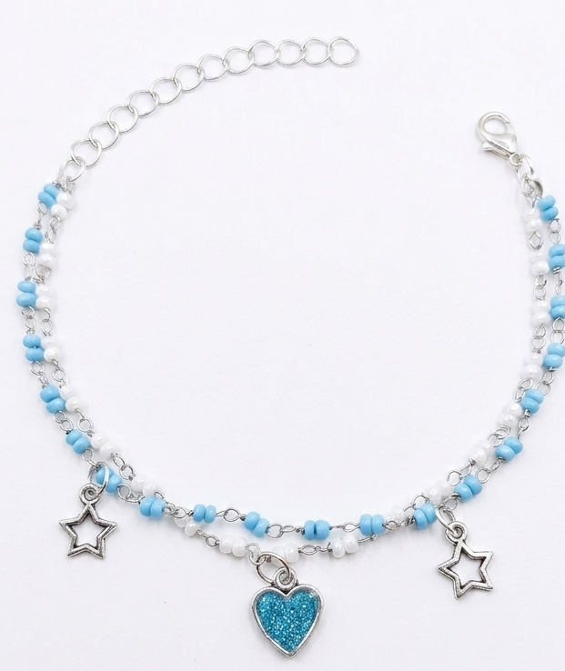 Blue and White Glass Beaded Resin Heart Charm Bracelet