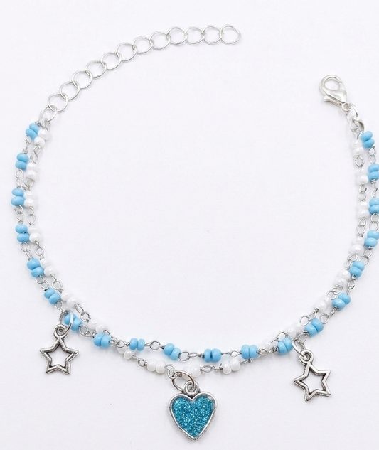 Blue and White Glass Beaded Resin Heart Charm Bracelet