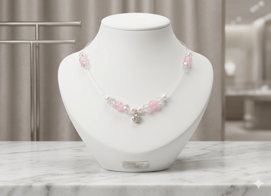 Pink And White Rose Quartz Crystal Beaded Invisible Necklace For Women