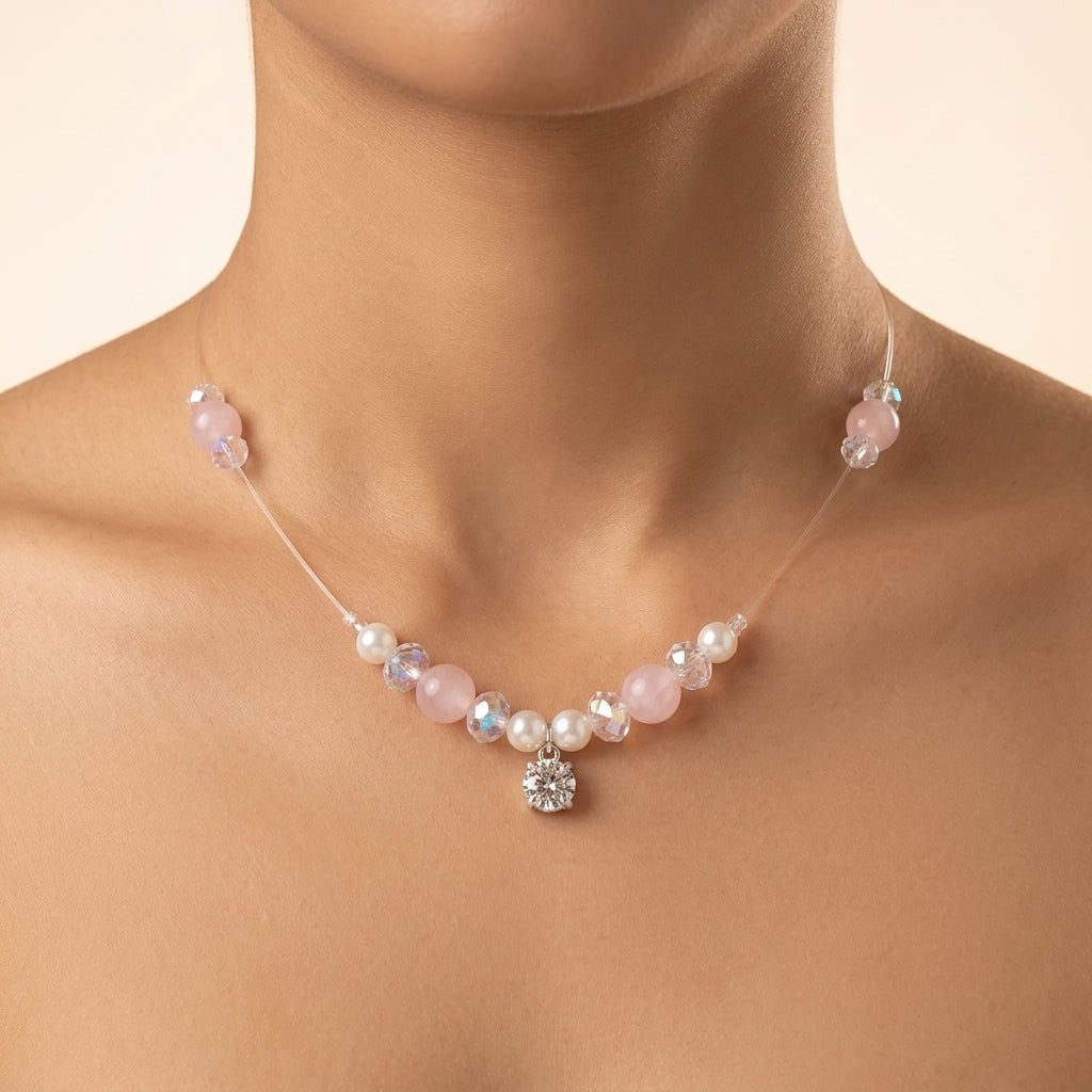 Pink And White Rose Quartz Crystal Beaded Invisible Necklace For Women