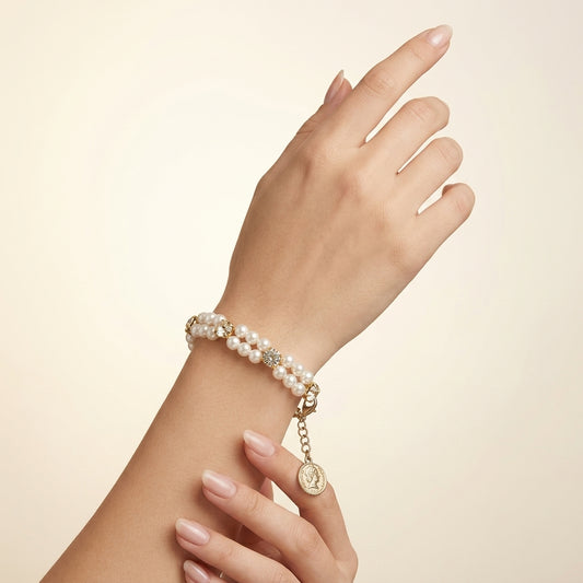 White And Golden Pearl Zirconia Charm Bracelet For Women